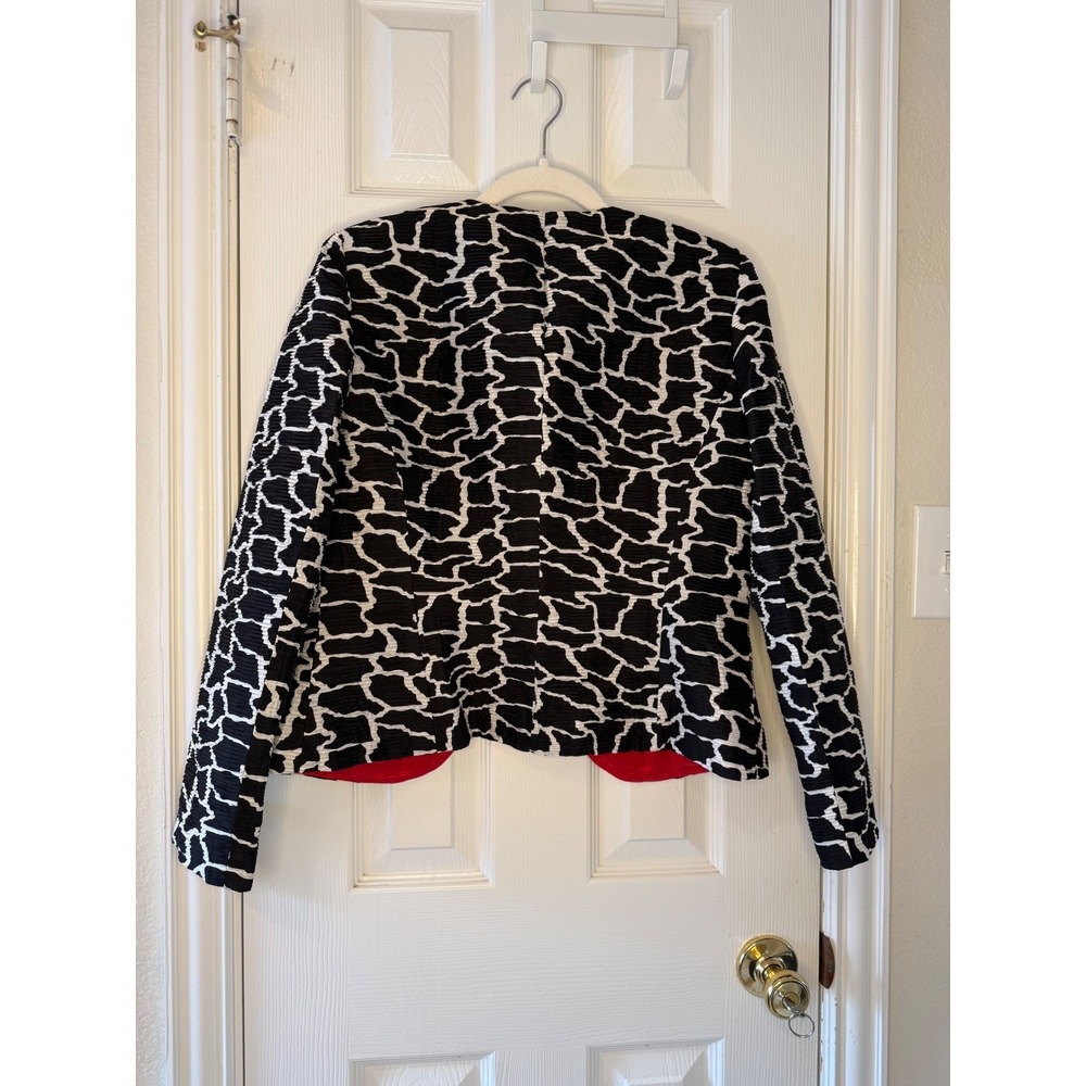 Flores & Flores Silk Blazer Jacket Black White‎ Giraffe Print Red Lined 8 - Picture 5 of 7